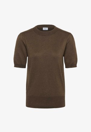 Brun kortærmet sweater med rund halsudskæring, ribbede manchetter og lige pasform. Fremstillet af blødt strik materiale med en glat tekstur.