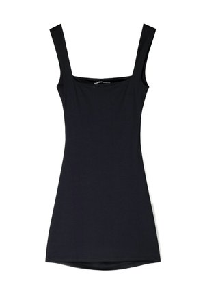 Zwarte mouwloze jurk met een vierkante halslijn en een getailleerd silhouet. Gemaakt van gladde stof, met een rechte zoom en een minimalistisch ontwerp.