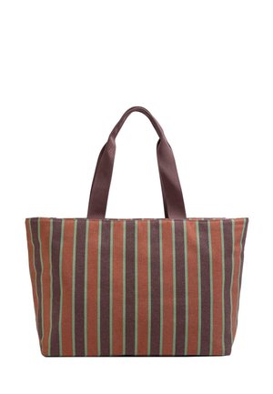 Grande borsa a mano rettangolare con strisce verticali nei colori ruggine, viola scuro e verde chiaro, dotata di due manici solidi viola scuro.