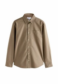 Cămașă lungă cu mânecă, de culoare maro, din bumbac, cu guler, buzunar frontal și nasturi albi. Design simplu, cu o textură netedă.