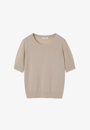 Suéter beige de manga corta hecho de una tela ligera y suave. Presenta un escote redondo y puños y dobladillo acanalados. Diseño simple y minimalista.