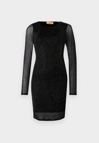 Μαύρο φόρεμα με μακριά μανίκια και εφαρμοστή σιλουέτα, φτιαγμένο από υφασμάτινη υφή με γυαλάδα. Διαθέτει στρογγυλή λαιμόκοψη και διάφανη επιφάνεια στα μανίκια.