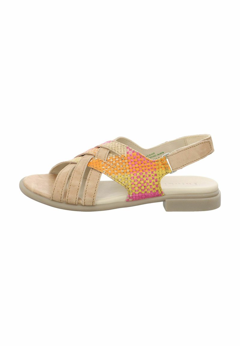 Sandal in beige con dettagli intrecciati multicolori in rosa, arancio e giallo. Design open-toe con tacco basso e cinturino regolabile alla caviglia.