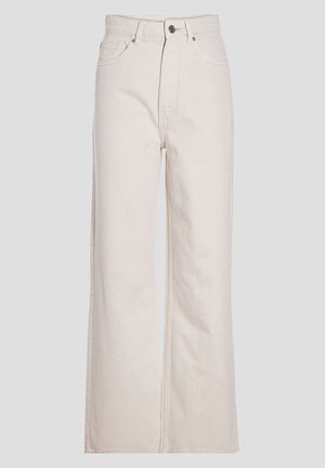 Beige weit geschnittene Jeans aus Baumwoll-Denim, mit hoher Taille, Frontknopfverschluss und klassischem Fünf-Taschen-Design.