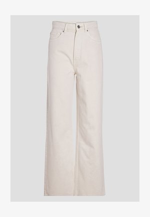 Jeans beige a gamba larga realizzati in denim di cotone, con vita alta, chiusura frontale con bottone e design standard a cinque tasche.