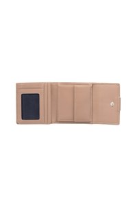 Light beige leather wallet with an interior card slot, clear ID window, multiple compartments, and a snap button closure.