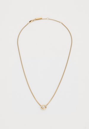 Collier en chaîne dorée avec un pendentif rond comportant une pierre transparente centrale, finition polie et fermeture à clasp sécurisée.