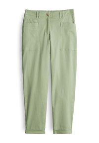 Pantalons cargo vert clair avec une coupe droite, deux poches avant et une fermeture à bouton à la taille. Texture lisse et style décontracté.