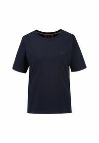 Marineblaue Baumwoll-T-Shirt mit kurzen Ärmeln, Rundhalsausschnitt und einem dezenten Logo auf der Brust. Glatte Textur und lockere Passform.