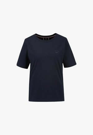 Marineblaue Baumwoll-T-Shirt mit kurzen Ärmeln, Rundhalsausschnitt und einem dezenten Logo auf der Brust. Glatte Textur und lockere Passform.