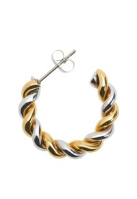 Kolczyk w kształcie skręconej obręczy z metalu w złotym i srebrnym odcieniu, z polerowaną powierzchnią. Zamknięta konstrukcja z prostym bolcem i zapięciem z tyłu.