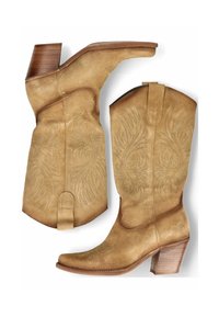 Stivali cowboy in suede color cuoio con intricati ricami floreali, punta affusolata e tacco a blocco in finitura legno.