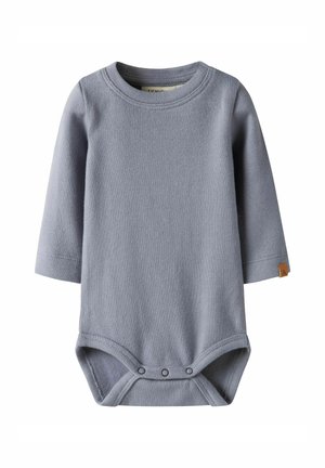 Lange mouw lichtgrijze babybodysuit met drukknoopsluitingen aan de onderkant en een ronde halslijn.