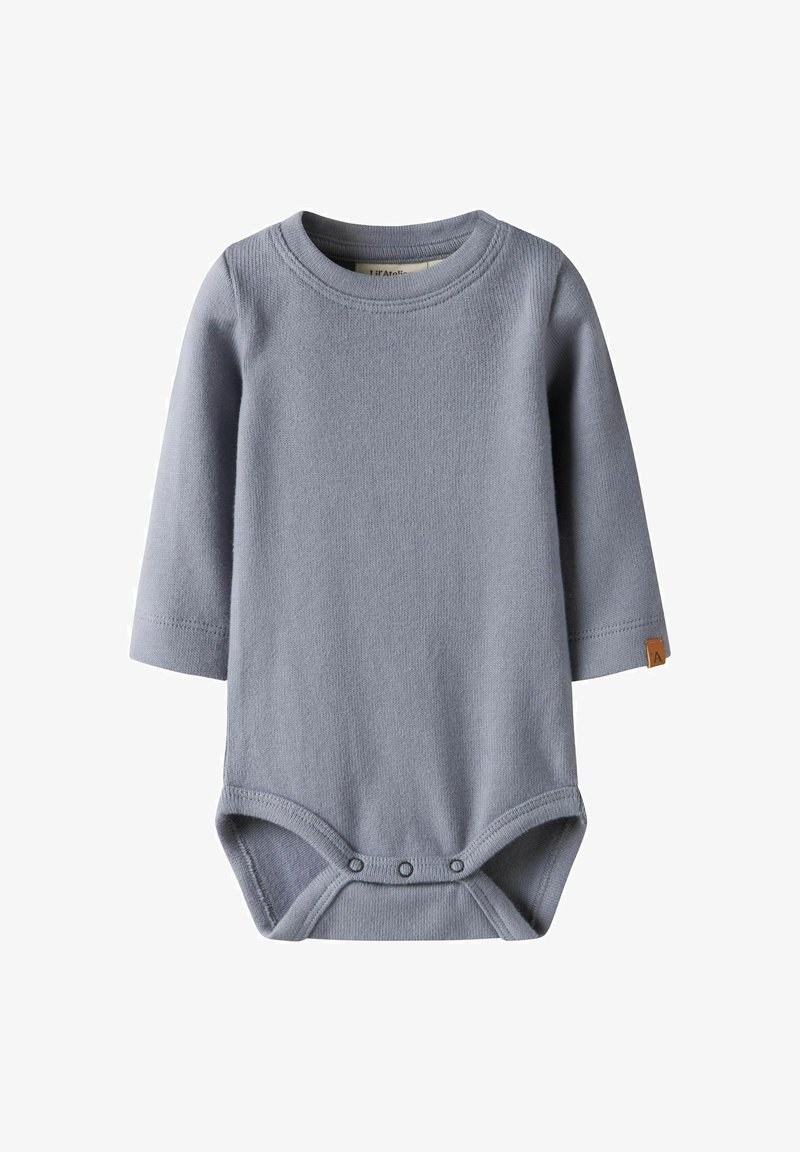 Bodysuit pour bébé à manches longues de couleur gris clair, avec des fermetures à pression à l'entrejambe et un col rond.