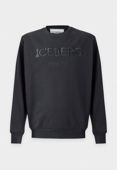 Sweat-shirt noir à col rond avec manches longues et poignets côtelés, présentant un texte en relief "ICEBERG since 1974" sur le devant.