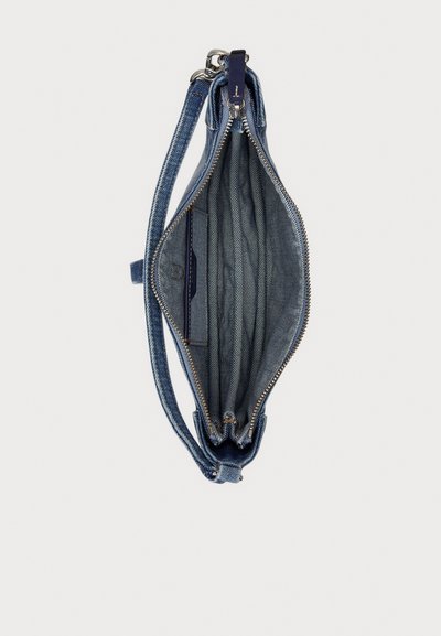 Kék farmer anyagú keresztpántos táska cipzáras záródással, sima belső béléssel és több rekesszel a jobb rendszerezés érdekében.