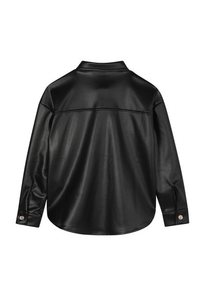 Chemise en cuir noir à manches longues, avec col et détails de poignets. Texture lisse et design minimaliste, présentant une couture de dos.