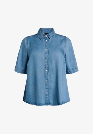 Sininen denim-puolihihainen paita, jossa nappikiinnitys edessä ja terävä kaulus, esitetty valkoista taustaa vasten.