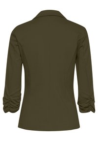Blazer vert olive sur mesure avec manches trois-quarts froncées et col, vu de dos.