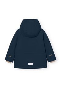 Marineblauer wasserdichter Parka mit Kapuze, verstellbaren Ärmelbündchen und beigen Akzenten. Verfügt über einen Rückenbelüftungsschlitz und ein Logo-Label am Saum.