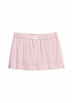 White and pink vertical striped cotton boxer shorts with elastic waistband, two front buttons, and a small heart design on the label.