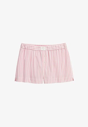 Witte en roze verticale gestreepte katoenen boxershorts met elastische tailleband, twee knopen aan de voorkant en een klein hartje op het label.