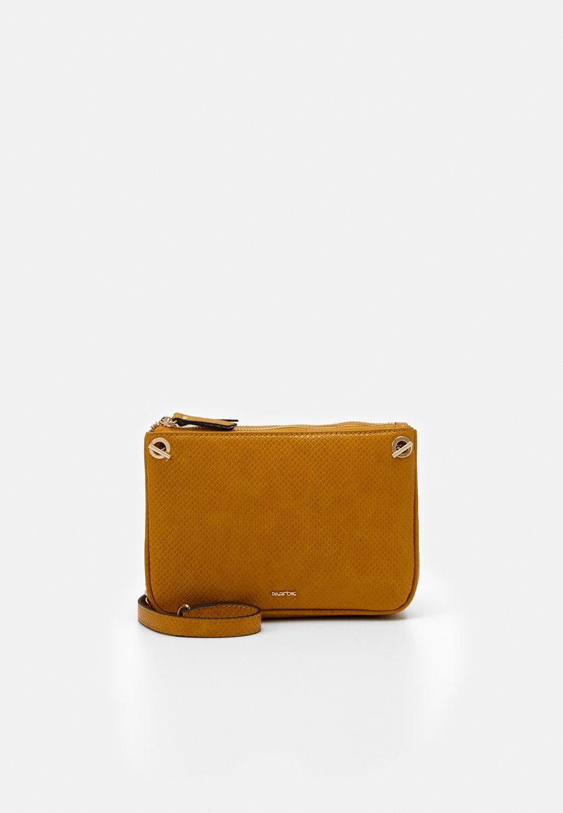 Borsa gialla texturizzata con chiusura a zip, dotata di accessori in argento e una tracolla removibile. Forma rettangolare compatta.