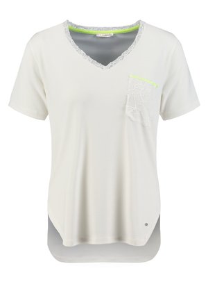 Wit T-shirt met korte mouwen en V-hals met kanten afwerking, kanten zak met neon afwerking en een zoom met een hoog-laag detail.