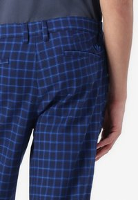 Stražnja strana plavih kariranih hlača koje nosi osoba s rukom položena uz bok, prikazujući stražnje džepove i detalje pojasa.