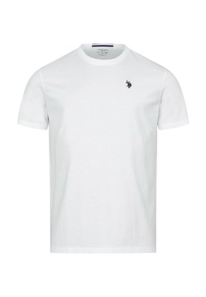 White cotton t-shirt with short sleeves, crew neckline, and a small navy logo on the left chest. Smooth texture and classic fit.