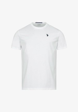 White cotton t-shirt with short sleeves, crew neckline, and a small navy logo on the left chest. Smooth texture and classic fit.