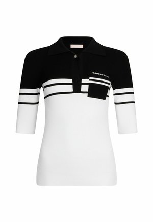 Black and white ribbed knit polo shirt with short sleeves, three-button placket, chest pocket, and horizontal stripe pattern. Decorative rhinestones included.