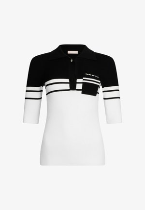 Polo a coste ribbed in bianco e nero con maniche corte, apertura a tre bottoni, taschino sul petto e motivo a righe orizzontali. Inclusi strass decorativi.