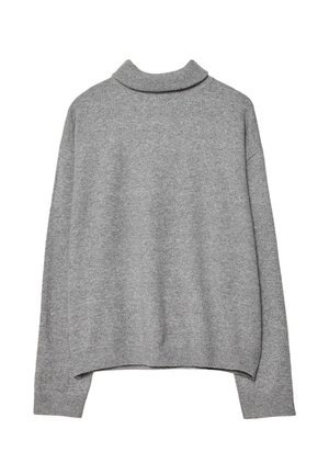 Grauer Langarm-Pullover mit hohem Rundhalsausschnitt, gerippten Bündchen und leicht verkürztem Saum, auf weißem Hintergrund flach ausgelegt.