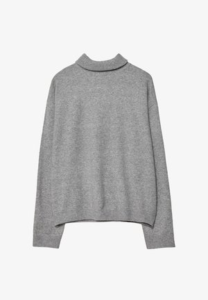 Sivi džemper dugih rukava s visokim okruglim izrezom, rebrastim manžetama i lagano skraćenim rubom, položen ravno na bijeloj podlozi.