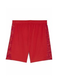 Röda atletiska shorts med en texturerad sidopanel som har ett subtilt mönster, elastisk midja och en lätt tygdesign.