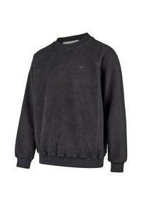 Schwarzer Fleece-Sweatshirt mit strukturierter Oberfläche, Raglanärmeln, Rundhals und gerippten Bündchen und Saum. Dezentes Markenlogo auf der Brust.