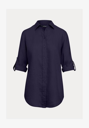 Tmavě modrá lněná košile na knoflíky, s klasickým límečkem, tříčtvrtečními rukávy a zakřiveným lemem s ohrnutými rukávy.
