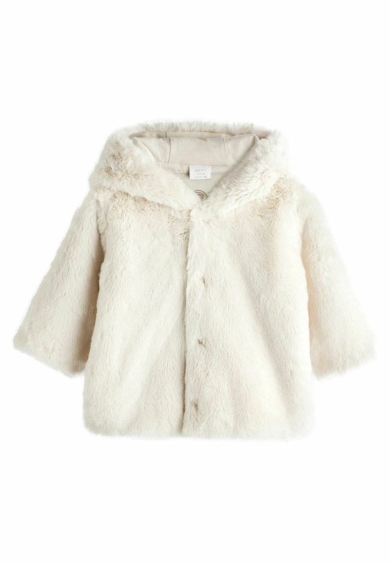 Veste pour bébé couleur crème, duveteuse avec capuche et trois boutons sur le devant, fabriquée en matière douce en fausse fourrure.