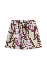 Pantalones cortos para hombre hechos de una tela ligera con un fondo crema, que presentan un patrón abstracto en tonos rosa y marrón, y una cinturilla elástica con cordón.