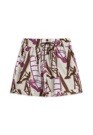 Shorts pour hommes fabriqués en tissu léger avec un fond crème, comportant un motif abstrait rose et marron, et une taille élastique avec cordon de serrage.