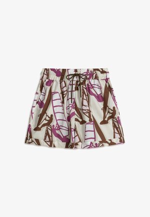 Shorts pour hommes fabriqués en tissu léger avec un fond crème, comportant un motif abstrait rose et marron, et une taille élastique avec cordon de serrage.