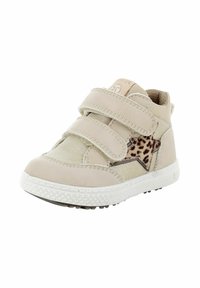 Sneakers beige per bambini con due cinturini in velcro, materiali in suede e pelle liscia, dettaglio a stella con stampa leopardata e suola bianca testurizzata.