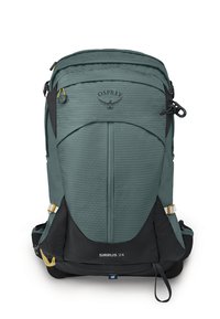 Osprey Sirrus 24 rugzak, met een twee-tint ontwerp in teal en zwart, gestructureerde stof, logo op de voorkant en verstelbare schouderbanden.