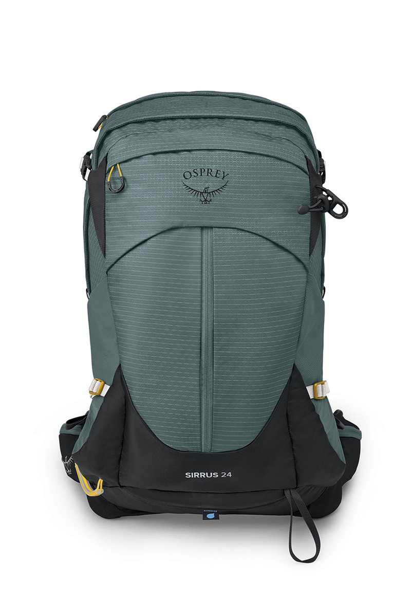 Osprey Sirrus 24 rugzak, met een twee-tint ontwerp in teal en zwart, gestructureerde stof, logo op de voorkant en verstelbare schouderbanden.