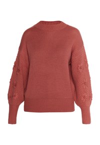 Pulover de culoare ruginie cu guler rotund texturat, mâneci tip balon cu detalii florale și un tiv lat cu nervuri.