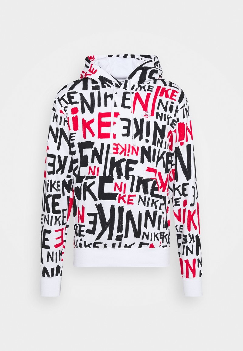 Weißer Kapuzenpullover mit einem auffälligen Allover-Print von "NIKE" in Schwarz und Rot. Weicher Stoff, lange Ärmel, gerippte Bündchen und Saum.