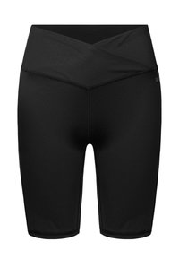 Zwarte hoge shorts van gladde, rekbare stof, met een asymmetrische tailleband en een nauwsluitend ontwerp.