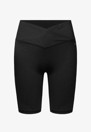Schwarze hochtaillierte Shorts aus glattem, dehnbarem Stoff, mit einem asymmetrischen Bund und einer enganliegenden Passform.