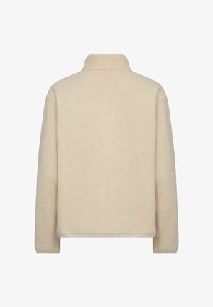 Beige, ilgomis rankovėmis fliso striukė su aukštu apykakle, matoma iš nugaros, pasižyminti minkšta, tekstūruota audiniu.